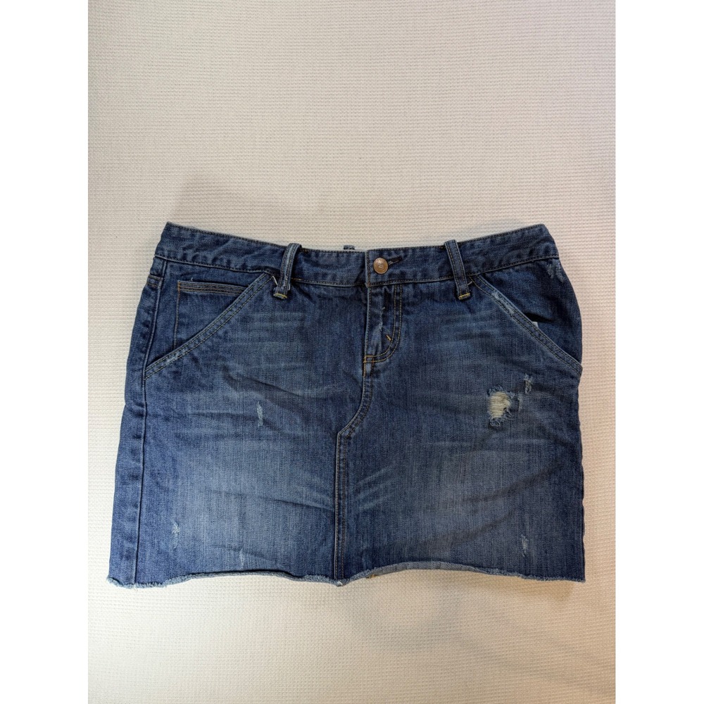 X2 Denim Laboratory Womens Distressed Mini Skirt Medium Wash Raw Hem Size 8